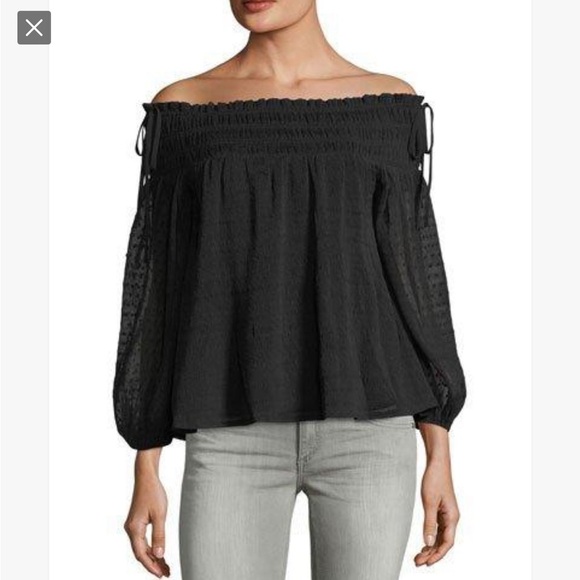 NWT English Factory Smocked Off-the-Shoulder Polka-dot Chiffon Top in Black - Picture 1 of 15